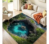 Machine Washable Area Rugs Living Room 60 x 90 cm, Non Slip Forest Waterfall Cave Lightweight Carpet for Bedroom, Soft Low Pile Rug for Hallway, Diningroom, Dark Green and Teal