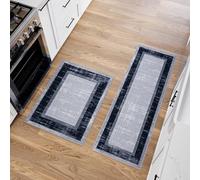 Machine Washable Bordered Design Non-Slip Rubberback 2x5/2x3 2PCS Set Traditional Runner Rug/Area Rug for Hallway, Kitchen, Entryway, Bathroom, 2 Piece Set - 20" x 59" / 2'3" x 3', Gray/Black