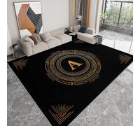 Machine Washable Carpet 120 x 170 cm, Black Gold Short Pile Non-Shedding Rug Non-Slip Carpet - Elegant Geometric Circular Letters Printed Rug for Living Room Bedroom Kitchen Hallway Office Games Room