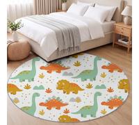 Machine Washable Cute Cartoon Animals Round Rug 100 cm | Kid Adorable Dinosaur Nursery Carpet with Non-Slip Backing, White Round Rugs for Children’s Room Living Room Bedroom Decor