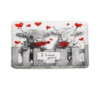 Machine Washable Dirt Trapper Mat Romantic Highland Cow Couple Red Love Heart Roses Doormats Bathtub Mat 40×60cm for Corridor,Bathroom,Hall
