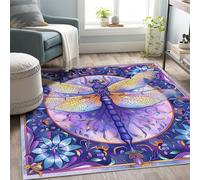 Machine Washable Dragonfly Rugs for Living Room, Blue Purple Flower Leaf Design Area Rug Bedroom Decor, Non Slip Low Pile Soft Floor Carpet, 120 x 170 cm