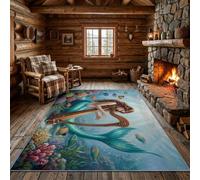 Machine Washable Durable Dreamy Area Rug120 × 180 | Lightweight Cyan Blue Carpet, Soft Low Pile, Non-Shedding Playful Ocean Theme Mermaid Area Rug