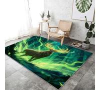 Machine Washable Fantasy Area Rug 140 x 200 cm, Non-Slip Bedroom Rug Magic Forest Animals Deer Low Pile Printed Carpet Suitable for living room dining room and office Green