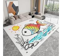 Machine Washable Flannel Rugs 180 x 240 cm, Soft Short Pile White Area Rug for Nursery Bedroom Dining Entrance - Non-Slip Large Marine Animals Hand-Painted Fish Rainbow Carpet Home Decor