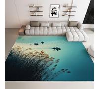 Machine Washable Flannel Rugs 80 x 150 cm, Soft Short Pile Cyan Area Rug for Nursery Bedroom Dining Entrance - Non-Slip Large Chinese Style Ink Painting Plants Boat Carpet Home Decor