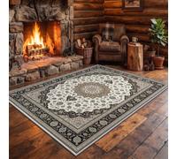Machine Washable Living Room Area Rug 140 x 200 cm, Cream Soft Gold | Geometric Circle Floral Pattern Soft Durable Low Pile Floor Carpet, Vintage Classic Non-Slip Carpet for Bedroom Dining Room