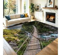Machine Washable Living Room Area Rug 60 x 110 cm, Green Light Brown | Canyon Suspension Bridge Stream Rock Soft Low Pile Carpet, Photography Illustration Non-Slip Carpet for Bedroom Dining Room