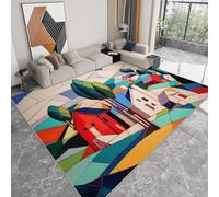 Machine Washable Living Room Area Rug 80 x 150 cm, Abstract Houses Trees Printed Rectangle Rug Playroom Non-slip Carpet - Geometric Cubism Soft Short Pile Carpet Floor Bedroom Decorate