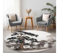Machine Washable Living Room Round Area Rug 100 cm, Architecture House Trees Printed Rectangle Rug Playroom Non-slip Carpet - Minimalism Soft Short Pile Circular Carpet Floor Bedroom Decorate