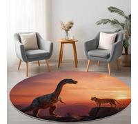 Machine Washable Living Room Round Area Rug 200 cm, Animals Dinosaurs Tigers Mountains Sunset Printed Rectangle Rug Playroom Non-slip Carpet - Nature Soft Short Pile Circular Carpet Floor Bedroom