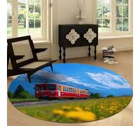Machine Washable Living Room Round Area Rug 220 cm, Red Train Snow Mountain Grassland Flowers Printed Rectangle Rug Non-slip Carpet - Landscape Short Pile Circular Carpet Floor Bedroom Playroom