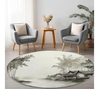 Machine Washable Living Room Round Rug 120 cm, Architecture Cottage Forest Printed Rectangle Rug Playroom Non-slip Carpet - Chinese Ink Painting Short Pile Circular Carpet Floor Bedroom Decorate