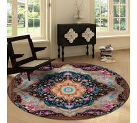Machine Washable Living Room Round Rug 160 cm, Traditional Retro Flower Galaxy Printed Rectangle Rug Playroom Non-slip Carpet - Bohemian Style Soft Short Pile Circular Carpet Floor Bedroom Decorate