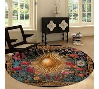 Machine Washable Living Room Round Rug 180 cm, Mandala Flower Sun Stripes Printed Rectangle Rug Playroom Non-slip Carpet - Traditional Retro Soft Short Pile Circular Carpet Floor Bedroom Decorate