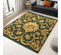 Machine Washable Non-Slip Rugs 100x150 cm, Green Soft Short Pile Fluffy Non-Shedding Large Carpet with 3D Carving Wood Flowers Pattern for Living Room Bedroom Office Dining Room Lounge