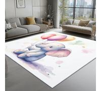 Machine Washable Non-Slip Rugs 140x200 cm, White Soft Short Pile Fluffy Non-Shedding Large Carpet with Cute Baby Elephant Balloon Pattern for Living Room Bedroom Office Dining Room Lounge