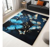 Machine Washable Non-Slip Rugs 180x240 cm, Black Soft Short Pile Fluffy Non-Shedding Large Carpet with Dream Blue Butterfly Pattern for Living Room Bedroom Office Dining Room Lounge