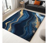 Machine Washable Non-Slip Rugs 60x90 cm, Blue Soft Short Pile Fluffy Non-Shedding Small Carpet with Modern Marble Wave Pattern for Living Room Bedroom Office Dining Room Lounge