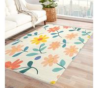 Machine Washable Orange Yellow Floral Rugs for Living Room, Leaf Blue Design Area Rug Bedroom Decor, Non Slip Low Pile Soft Floor Carpet, 120 x 170 cm