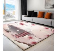 Machine Washable Pink Area Rug - Japanese Architecture Mountains Flowers Non-Slip Indoor Carpet Soft for Living Room, Office, Bedroom, Room Home Décor Rugs 160 x 230 cm