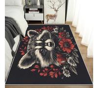 Machine Washable Raccoon Rugs for Entryway, Floral Leaf Animal Design Small Area Rug Bedroom Decor, Non Slip Low Pile Soft Indoor Door Mat, 60 x 110 cm