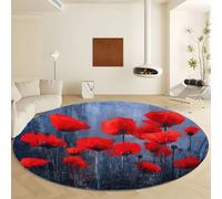 Machine Washable Round Area Rug Diameter 100 cm, Abstract Plants Flowers Low Pile Non Slip Carpet - Red Soft Indoor Rug for Living Room Bedroom Kitchen Nursery Office Entryway