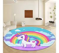 Machine Washable Round Area Rug Diameter 120 cm, Cartoon Style Rainbow Unicorn Low Pile Non Slip Carpet - Multicolour Soft Indoor Rug for Living Room Bedroom Kitchen Nursery Office Entryway