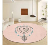 Machine Washable Round Area Rug Diameter 160 cm, Dreamcatcher Heart Shaped Pattern Low Pile Non Slip Carpet - Coral Pink Soft Indoor Rug for Living Room Bedroom Kitchen Nursery Office Entryway