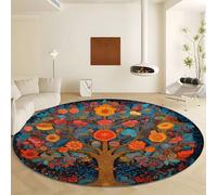 Machine Washable Round Area Rug Diameter 160 cm, Hand Drawn Style Abstract Tree Low Pile Non Slip Carpet - Colourful Soft Indoor Rug for Living Room Bedroom Kitchen Nursery Office Entryway