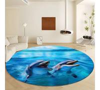 Machine Washable Round Area Rug Diameter 160 cm, Surrealism Animals Dolphin Low Pile Non Slip Carpet - Blue Soft Indoor Rug for Living Room Bedroom Kitchen Nursery Office Entryway