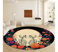 Machine Washable Round Area Rug Diameter 180 cm, Vintage Style Flowers Skeleton Low Pile Non Slip Carpet - Black Soft Indoor Rug for Living Room Bedroom Kitchen Nursery Office Entryway