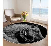 Machine Washable Round Area Rugs 100 cm - Black Animal Theme Low Pile Non-Slip Circle Rugs Decor, Luxury Gems Horses Pet & Child Friendly Carpets for Living Room Bedroom Children's Room
