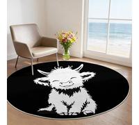 Machine Washable Round Area Rugs 100 cm - Black Cartoon Theme Low Pile Non-Slip Circle Rugs Decor, Animals Cute Highland Cattle Pet & Child Friendly Carpets for Living Room Bedroom Children's Room