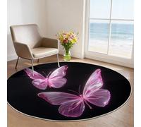 Machine Washable Round Area Rugs 100 cm - Black Simple Theme Low Pile Non-Slip Circle Rugs Decor, Cartoon Butterfly Pet & Child Friendly Carpets for Living Room Bedroom Children's Room