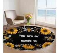 Machine Washable Round Area Rugs 100 cm - Black Simple Theme Low Pile Non-Slip Circle Rugs Decor, Sunflower Bee Leaf Pet & Child Friendly Carpets for Living Room Bedroom Children's Room