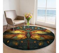 Machine Washable Round Area Rugs 100 cm - Dark Animal Theme Low Pile Non-Slip Circle Rugs Decor, Glass Dragonfly Pet & Child Friendly Carpets for Living Room Bedroom Children's Room