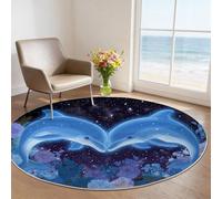 Machine Washable Round Area Rugs 100 cm - Dark Purple Cartoon Theme Non-Slip Circle Rugs Decor, Dolphins Starry Sky Flowers Pet & Child Friendly Carpets for Living Room Bedroom Children's Room