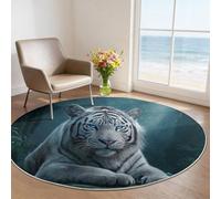 Machine Washable Round Area Rugs 120 cm - Dark Blue Animal Theme Low Pile Non-Slip Circle Rugs Decor, Jungle 3D White Tiger Pet & Child Friendly Carpets for Living Room Bedroom Children's Room