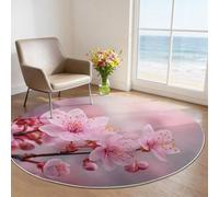 Machine Washable Round Area Rugs 150 cm - Light Pink Floral Theme Non-Slip Circle Rugs Decor, Dreamy Cherry Blossoms Photography Pet & Child Friendly Carpets for Living Room Bedroom Children's Room