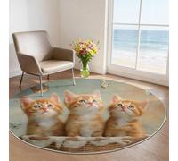 Machine Washable Round Area Rugs 160 cm - Light Gray Animal Theme Low Pile Non-Slip Circle Rugs Decor, Orange Cat Butterfly Basket Pet & Child Friendly Carpets for Living Room Bedroom Children's Room