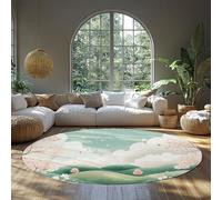 Machine Washable Round Area Rugs 210 cm Spring Peach Blossom Green Hills Print Low Pile Non Slip Circle Carpet for Living Room Balcony