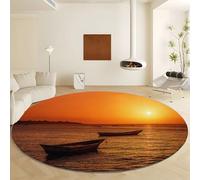 Machine Washable Round Orange Large Rugs 140 cm Sunset Dusk Sailing Boats On The Sea Area Rugs for Bedroom Living Room Kids Room Hallway, Non Slip Soft Fluffy Low Pile Non Shedding Indoor Carpet
