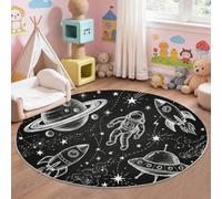Machine Washable Round Rug 60 cm, Space Galaxy Nursery Carpet with Non-Slip Backing, Black with Astronaut Planet Rocket Round Rugs for Children’s Room Living Room Bedroom Decor
