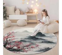 Machine Washable Round Rug China Flowers Mountains Elegance Non-Slip Carpet, Short Pile Living Room Round Rug Cream, for Bedroom Study Office Hallway Children's Room and Kitchen, 210 cm