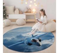 Machine Washable Round Rug Modern Fighter Sky Non-Slip Carpet, Short Pile Living Room Round Rug Light Blue, for Bedroom Study Office Hallway Children's Room and Kitchen, 210 cm