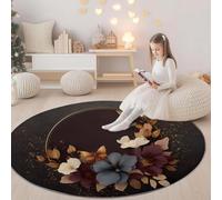 Machine Washable Round Rug Retro Plants Flowers Non-Slip Carpet, Short Pile Living Room Round Rug Earthy Brown, for Bedroom Study Office Hallway Children's Room and Kitchen, 210 cm