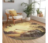 Machine Washable Rug ø 150 cm, Retro Field Tank Printing Non-slip Soft Carpet Short Pile for Living Room Bedroom Home Office Dining Room Kitchen Decor, Brown Easy Care