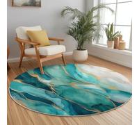Machine Washable Rug ø 180 cm, Abstract Elegant Marble Lines Printing Non-slip Soft Carpet Short Pile for Living Room Bedroom Home Office Dining Room Kitchen Decor, Teal Easy Care