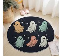 Machine Washable Rug ø 90 cm, Cartoon Ghost Cute Printing Non-slip Soft Carpet Short Pile for Living Room Bedroom Home Office Dining Room Kitchen Decor, Black Easy Care